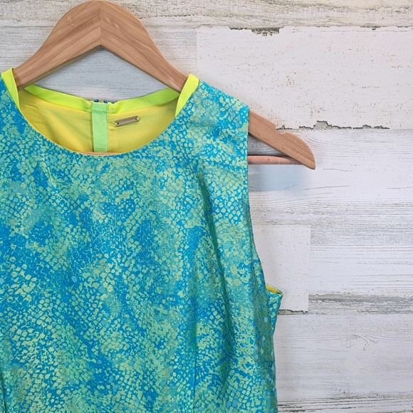 Elie Tahari Silk Blend Iridescent Teal and Green Sleeveless Sheath Dress Sz 10 - Picture 12 of 16